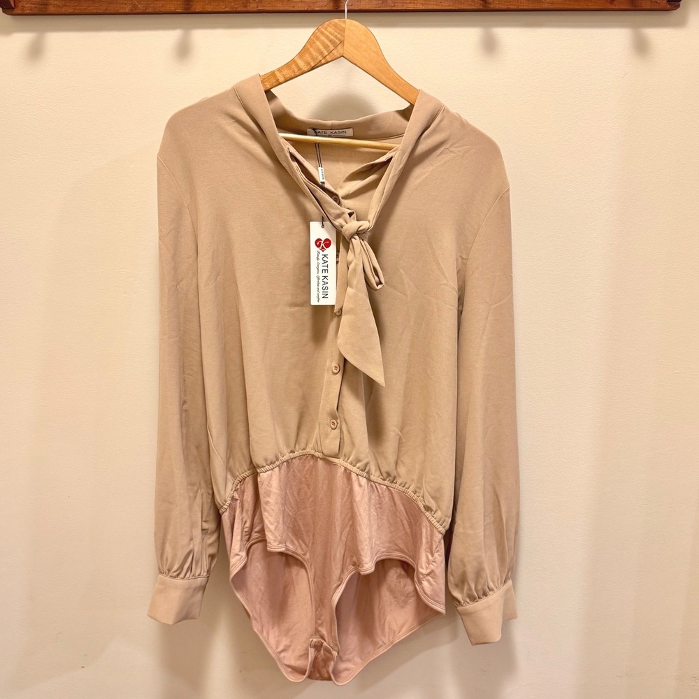 Kate Kasin Womens 2XL Tan Tie Neck Long Sleeve Button Front Bodysuit NWT